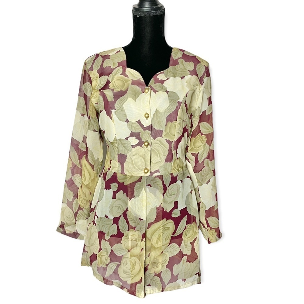 Jaques vintage button down tunic blouse sheer gold long sleeve sweetheart 90’s